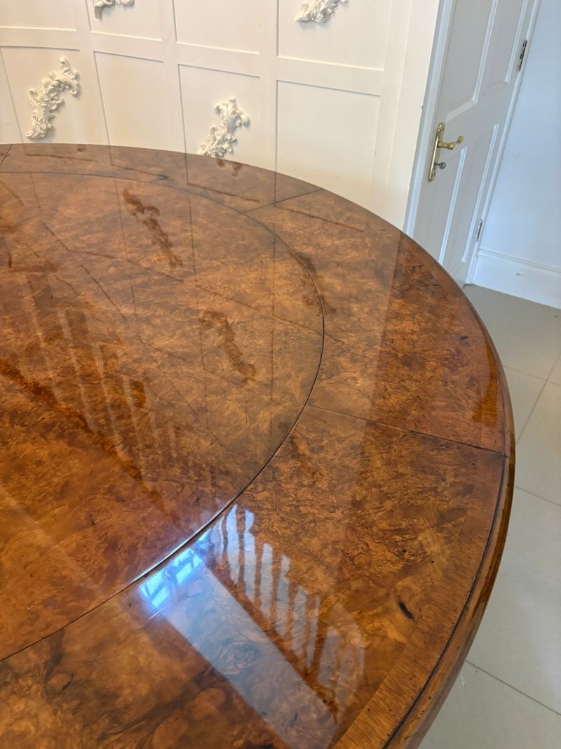 Antique Exceptional Quality Burr Walnut Circular Extending Dining Table Seating 10 with Radial Leaves & Matching Burr Walnut Leaf Holder - Image 31